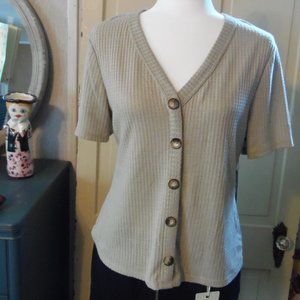 NWT Boho Waffle Faux-Button-Up Oatmeal V-neck Top
